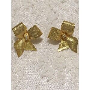 Vintage Bow Earrings with Rhinestones Textured 3D Pierced Elegant